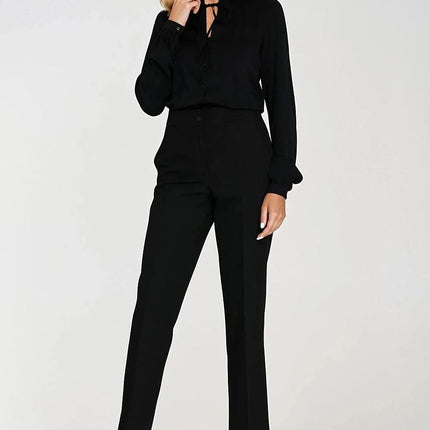 Elegant Long Sleeve Blouse with Neck Tie & Delicate Slit Detail - MimiStylez