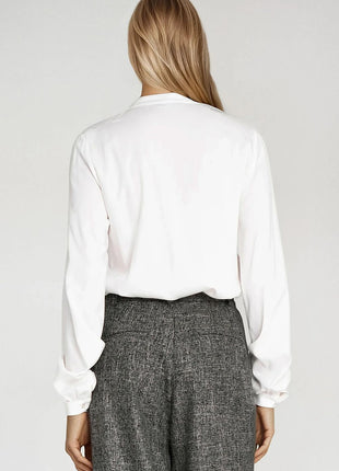 Elegant Long Sleeve Blouse with Neck Tie & Delicate Slit Detail - MimiStylez