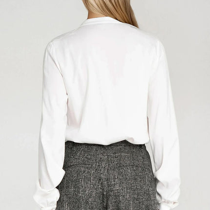 Elegant Long Sleeve Blouse with Neck Tie & Delicate Slit Detail - MimiStylez