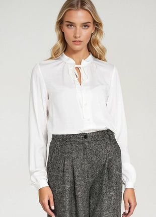 Elegant Long Sleeve Blouse with Neck Tie & Delicate Slit Detail - MimiStylez