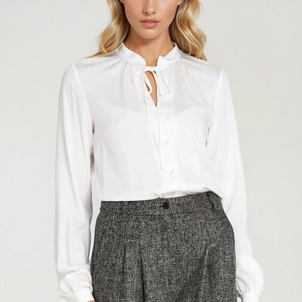 Elegant Long Sleeve Blouse with Neck Tie & Delicate Slit Detail - MimiStylez