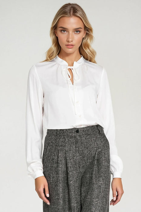 Elegant Long Sleeve Blouse with Neck Tie & Delicate Slit Detail - MimiStylez
