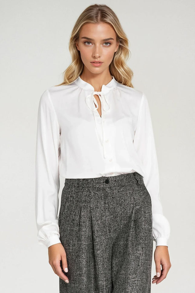 Elegant Long Sleeve Blouse with Neck Tie & Delicate Slit Detail - MimiStylez