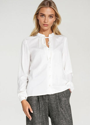 Elegant Long Sleeve Blouse with Neck Tie & Delicate Slit Detail - MimiStylez