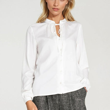 Elegant Long Sleeve Blouse with Neck Tie & Delicate Slit Detail - MimiStylez