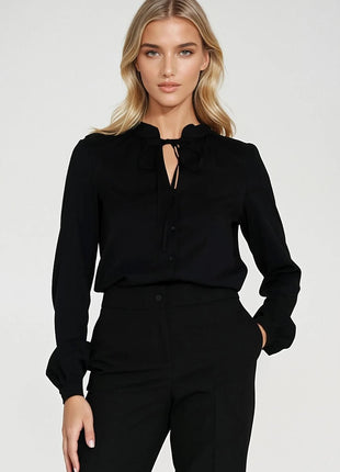 Elegant Long Sleeve Blouse with Neck Tie & Delicate Slit Detail - MimiStylez