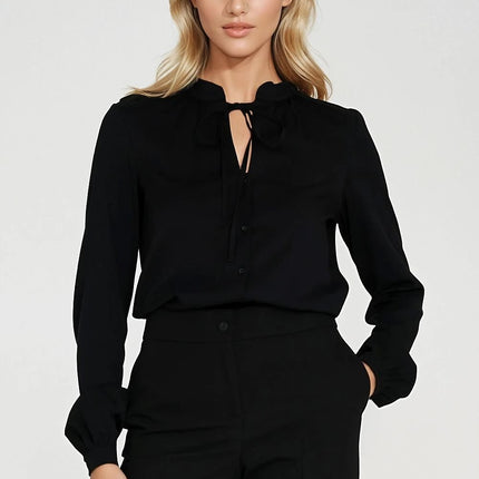Elegant Long Sleeve Blouse with Neck Tie & Delicate Slit Detail - MimiStylez