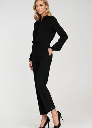 Elegant Long Sleeve Blouse with Neck Tie & Delicate Slit Detail - MimiStylez