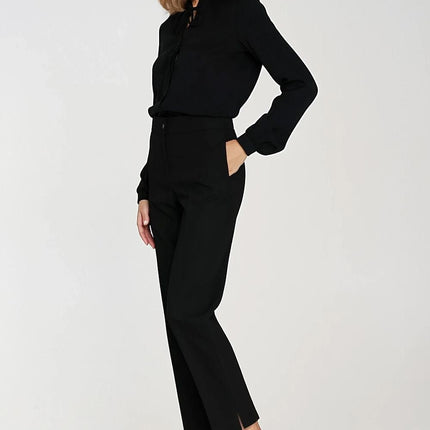 Elegant Long Sleeve Blouse with Neck Tie & Delicate Slit Detail - MimiStylez
