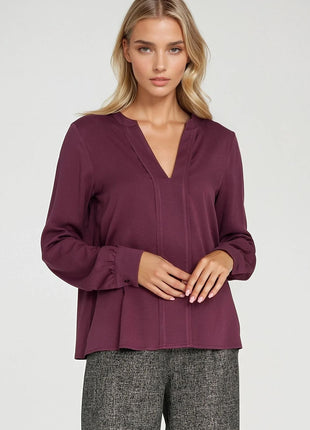 Elegant Long Sleeve Blouse with Slimming Front Pleat - MimiStylez