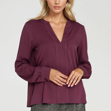 Elegant Long Sleeve Blouse with Slimming Front Pleat - MimiStylez