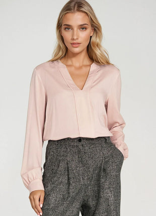 Elegant Long Sleeve Blouse with Slimming Front Pleat - MimiStylez