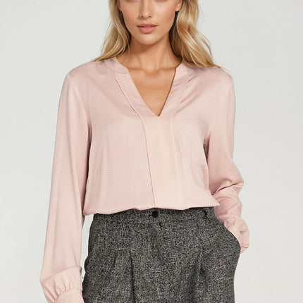 Elegant Long Sleeve Blouse with Slimming Front Pleat - MimiStylez