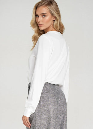 Elegant Long Sleeve Blouse with Slimming Front Pleat - MimiStylez