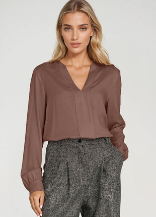 Elegant Long Sleeve Blouse with Slimming Front Pleat - MimiStylez