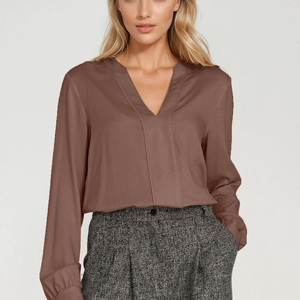 Elegant Long Sleeve Blouse with Slimming Front Pleat - MimiStylez