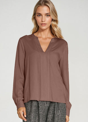 Elegant Long Sleeve Blouse with Slimming Front Pleat - MimiStylez