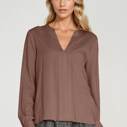 Elegant Long Sleeve Blouse with Slimming Front Pleat - MimiStylez