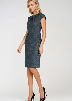 Elegant Mélange Pencil Dress with Cap Sleeves & Decorative Pleats - MimiStylez