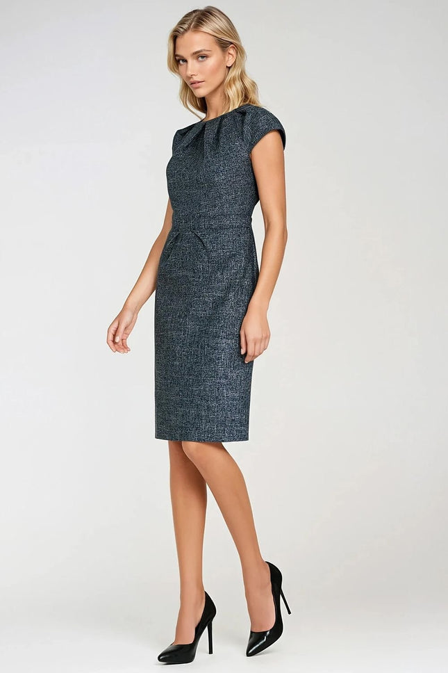 Elegant Mélange Pencil Dress with Cap Sleeves & Decorative Pleats - MimiStylez