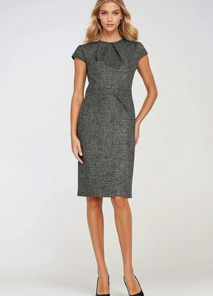 Elegant Mélange Pencil Dress with Cap Sleeves & Decorative Pleats - MimiStylez