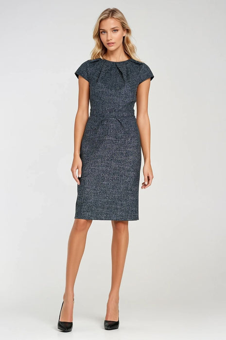 Elegant Mélange Pencil Dress with Cap Sleeves & Decorative Pleats - MimiStylez