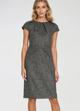 Elegant Mélange Pencil Dress with Cap Sleeves & Decorative Pleats - MimiStylez