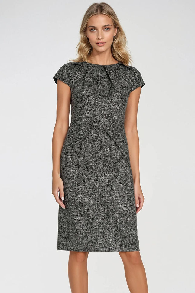 Elegant Mélange Pencil Dress with Cap Sleeves & Decorative Pleats - MimiStylez