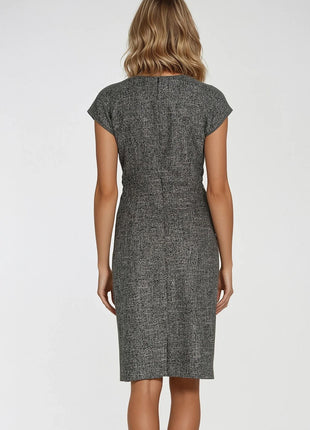 Elegant Mélange Pencil Dress with Cap Sleeves & Decorative Pleats - MimiStylez
