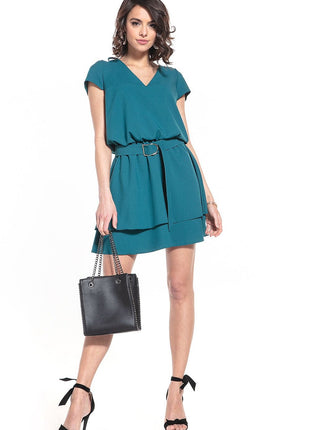 Elegant Mini Dress with Double Skirt, Short Sleeves & Decorative Belt - MimiStylez