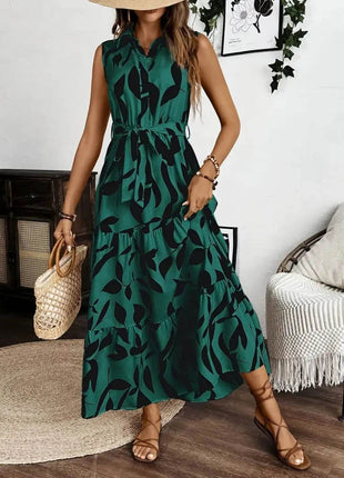 Printed Tie Waist Sleeveless Maxi Dress - MimiStylez