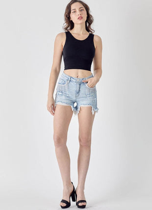 RISEN Frayed Hem Denim Shorts with Fringe Detail Pockets - MimiStylez