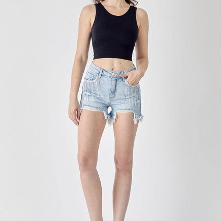 RISEN Frayed Hem Denim Shorts with Fringe Detail Pockets - MimiStylez