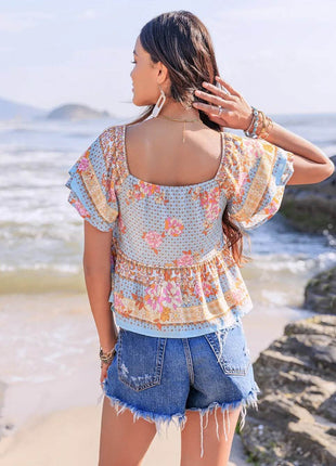 Printed Sweetheart Neck Layered Short Sleeve Blouse - MimiStylez