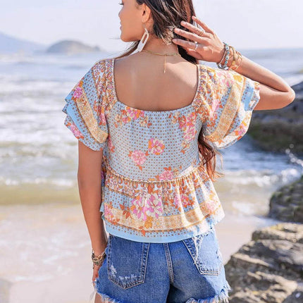 Printed Sweetheart Neck Layered Short Sleeve Blouse - MimiStylez