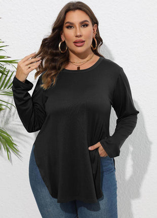 Plus Size Round Neck Long Sleeve Slit T-Shirt - MimiStylez