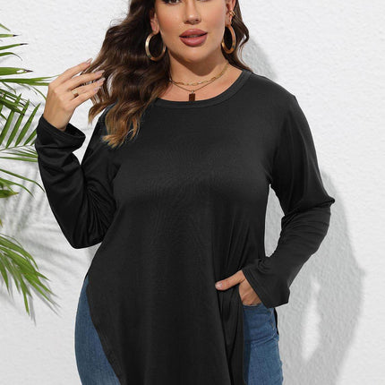Plus Size Round Neck Long Sleeve Slit T-Shirt - MimiStylez