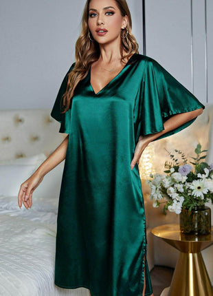 Satin Flutter Sleeve Side Slit V-Neck Night Dress - MimiStylez