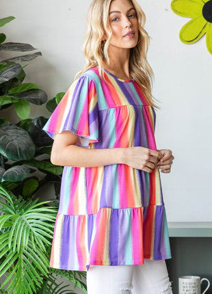 Heimish Full Size Short Sleeve Striped Tiered Top - MimiStylez