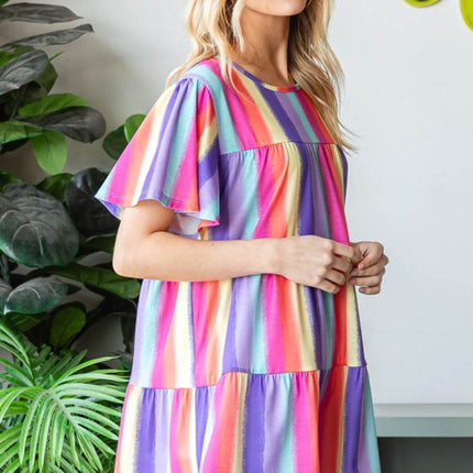 Heimish Full Size Short Sleeve Striped Tiered Top - MimiStylez