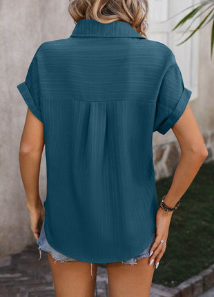 Textured Button Up Cap Sleeve Shirt - MimiStylez