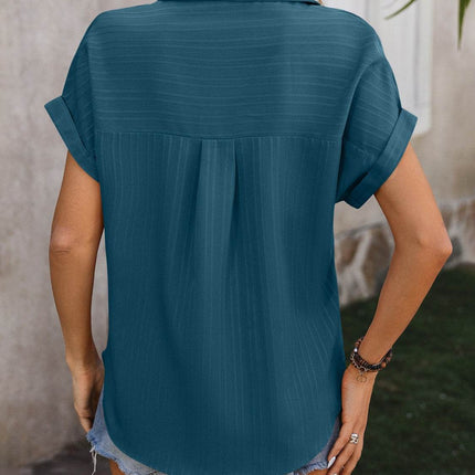 Textured Button Up Cap Sleeve Shirt - MimiStylez