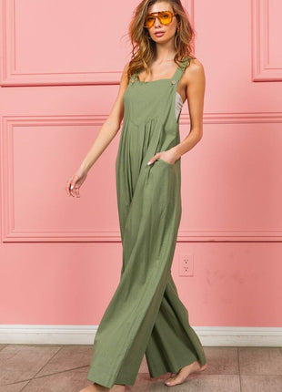 BiBi Ruched Wide Leg Overalls with Pockets - MimiStylez