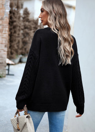 Cable-Knit Round Neck Drop Shoulder Sweater
