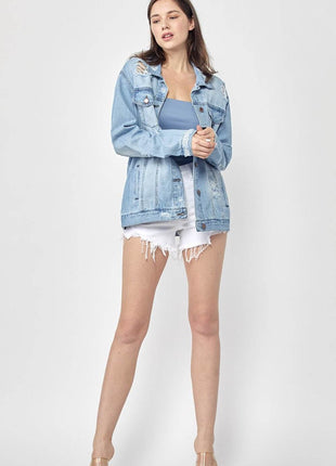 RISEN Full Size Distressed Long Sleeve Denim Jacket - MimiStylez