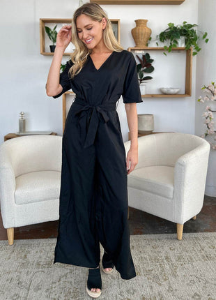 Double Take Full Size V-Neck Tie Front Short Sleeve Slit Jumpsuit - MimiStylez