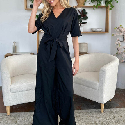 Double Take Full Size V-Neck Tie Front Short Sleeve Slit Jumpsuit - MimiStylez