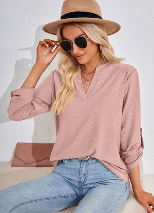 V-Neck Roll-Tap Sleeve Blouse - MimiStylez