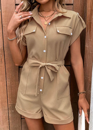 Collared Neck Tie Waist Romper with Pockets - MimiStylez