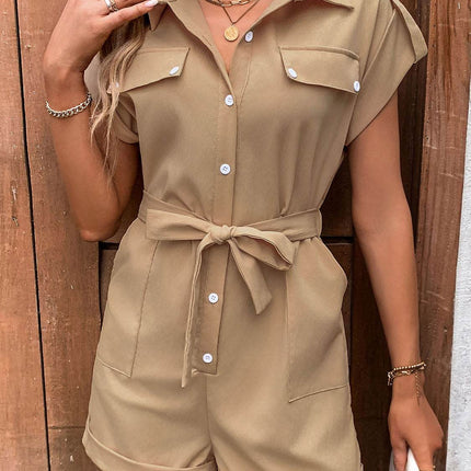 Collared Neck Tie Waist Romper with Pockets - MimiStylez